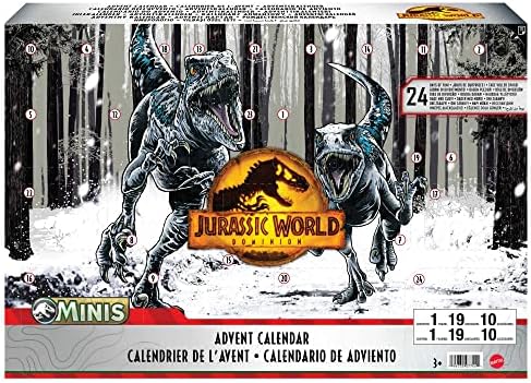Calendário de advento de férias do Jurassic World Dominion com contagem regressiva de 24 dias, presentes surpreendentes