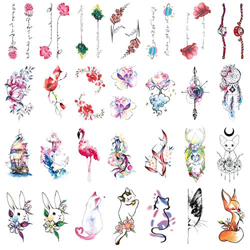 Ooopsiun 28 folhas de tatuagens temporárias à prova d'água para mulheres meninas e homens, Flower Cat Rabbit