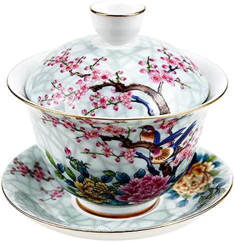 Fercaish Chinese Ceramic Tea Cup, Tea de esmalte tradicional com tampa de chá pintada à mão e pires - Gaiwan Tea