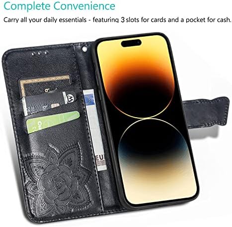 Digplus para iPhone 14 Pro Max Wallet Case, [Butterfly & Flower Angressed] Caixa da carteira de couro Flip Protective
