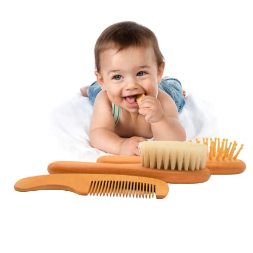 Conjunto de escovas de pente e escova para cuidados com o bebê, escova de bebê de madeira e conjunto de