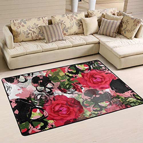 Flores de rosas vermelhas Alaza e Área de Arte do Crânio Soft Non Slip Tapete lavável Carpete para