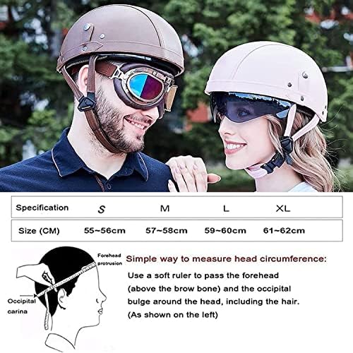 Capacete de motocicleta, tampa de crânio fino de couro retro Capacete de meio capacete para homens adultos Mulheres,