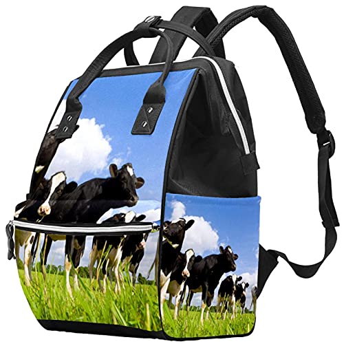 Vacas Holstein na bolsa de fraldas de fraldas de prado de mochila de mamãe de grande capacidade Bolsa