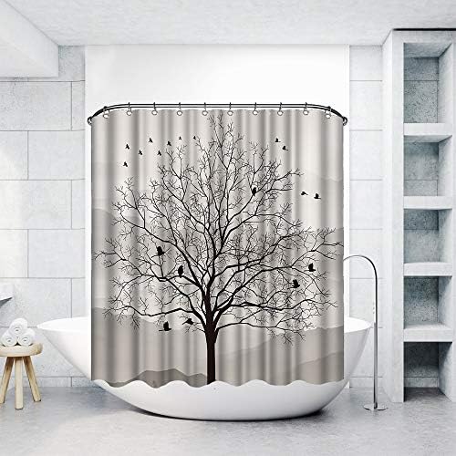 Árvore da árvore da árvore vívida e silhueta de pássaro Curtains de chuveiro de tecido de banheiro à prova