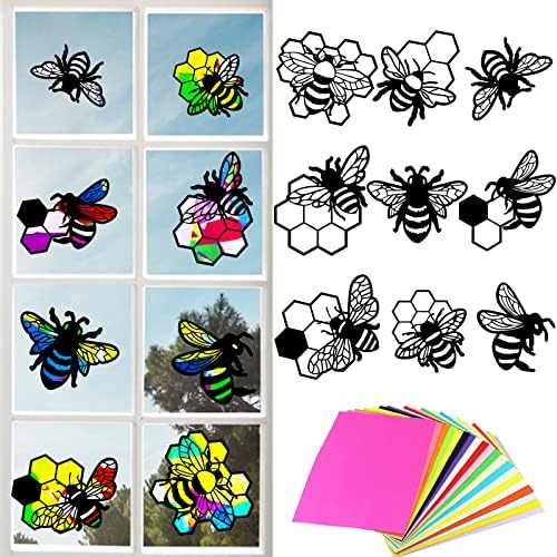 Origach 18 peças Kit de abelhas sun -catcher, 9 tipos de papel de colméia kit de vidro manchado