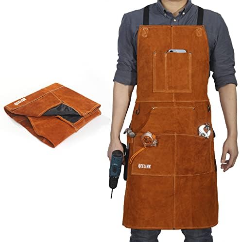 QEELINK Soldagem de couro avental com 6 bolsos de ferramentas, avental resistente a calor e chama, 24 x