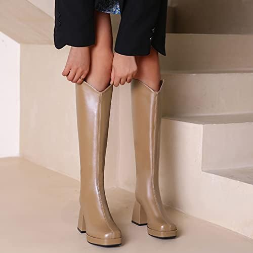 Botas longas para mulheres mulheres moda moda coloração sólida couro quadrado de pé traseiro zunk robusta botas