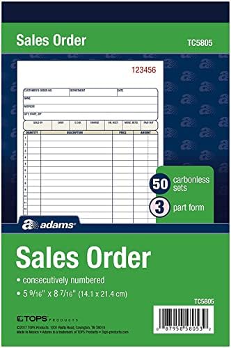 Livro de pedidos de vendas de Adams, 3 partes sem carbono, branco/canário/rosa, 5-9/16 x 8-7/16, 50 conjuntos,
