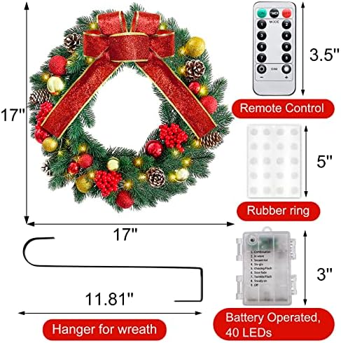 Coroa de natal cyaooi de 16 polegadas com luzes 8 modos controle remoto, prelit grinaldas de Natal para porta