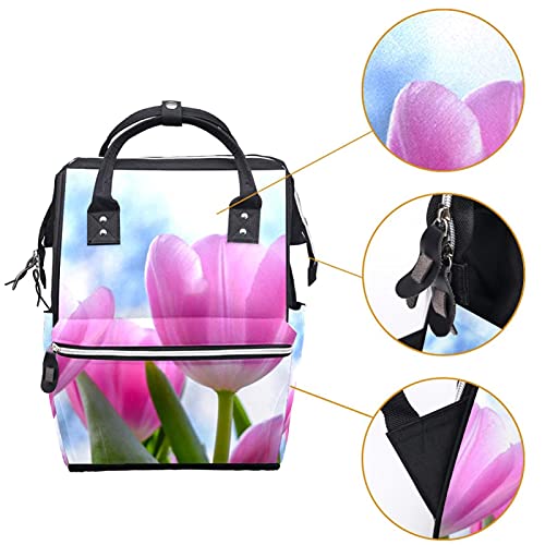 Nature Pink Tulip Frelaper Sags Backpack Mummy Backpack de grande capacidade Bolsa de enfermagem Bolsa de viagem