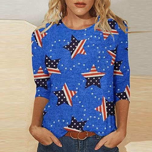 Camiseta patriótica feminina casual 3/4 mangas redondo tops de pulôver de pescoço 4 de julho estrelas