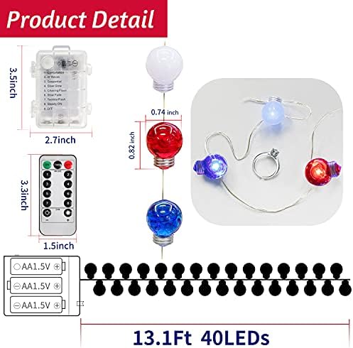AY 13,1ft LED vermelho branco azul lâmpada luz de corda 40 LEDS decoração interna com 8 modos operados por bateria