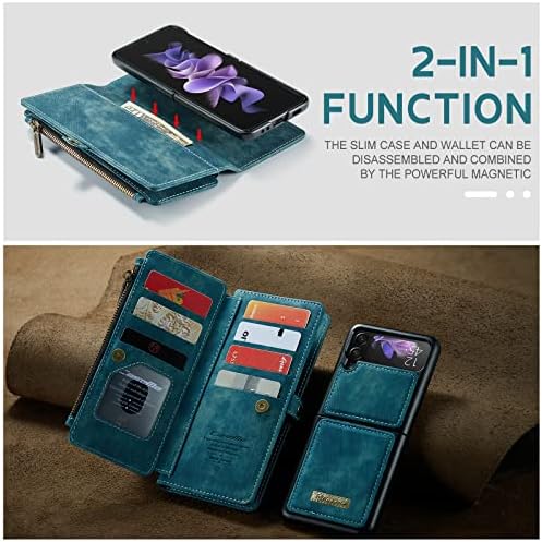 Defencase Z Flip 3 Case, Galaxy Z Flip 3 Carteira de caixa destacável para homens homens, PU Leather 2-in-1 pulseira