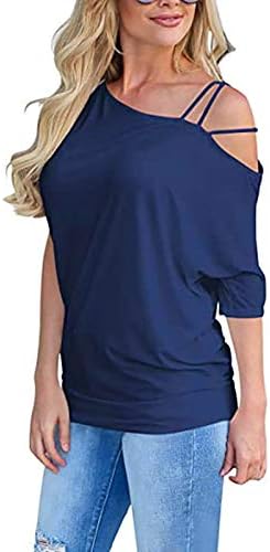 Womens Summer Tops Casual Skew Collar Blush de uma ombro de moda de cor sólida camiseta de cor de coloração