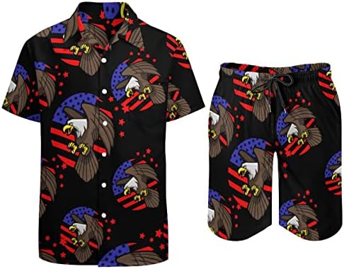 Bald Eagle e American Flag Men 2 peças Roupas de praia Button Hawaiian Camisa de manga curta e ternos de