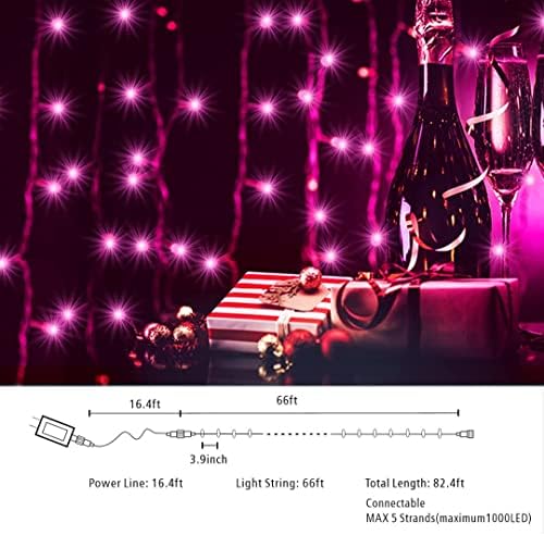 Luzes de Natal rosa de 66 pés, 200 luzes de cordas LED para luzes de Natal Luzes de Natal Indoor