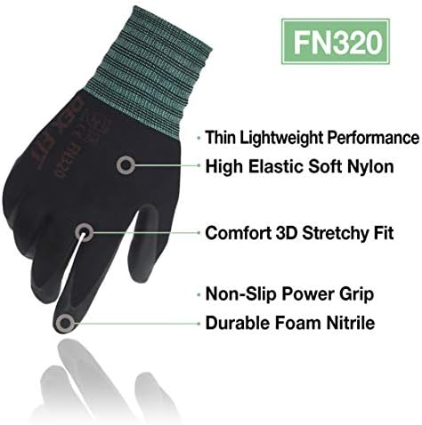 Dex Fit Premium Nylon Nylon Nitrile Luvas FN320, 3 pares, ajuste elástico de conforto 3D, aderência