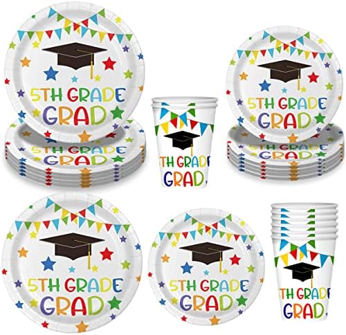 O conjunto de decorações de festas de graduação da 5ª série serve 16, pratos e xícaras de graduação da 5ª série,