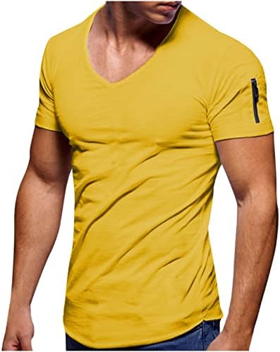 Camisetas masculinas de pescoço V 2023 Tops de verão Slim ajustado fitness de manga curta Tops de cor sólida Camiseta