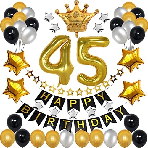 Rbyoo 45º aniversário Decorações para homens Mulheres, Balões pretos e dourados 45 Balões de aniversário