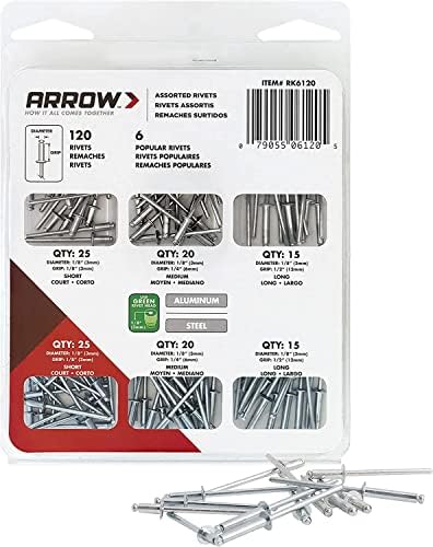 Arrow RK6120 Kit de sortimento do rebite pop para reparo de metal, tecido, couro e automóvel, alumínio