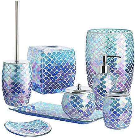 Ushas Housewares 5-Pieces Mosaic Glass Banheiro Acessórios para banheiros, dispensador de sabão, bandeja/sabão e