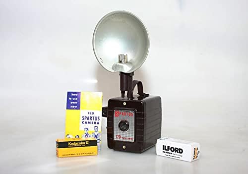 Câmera Flash Spartus 120 vintage com manual, Kodacolor II e Ilford Panf Plus