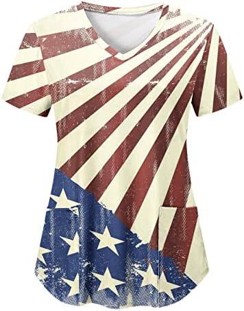 Blusa de 4 de julho para mulheres American Flag Summer Summer Manga curta camisetas V com 2 bolsos Bloups