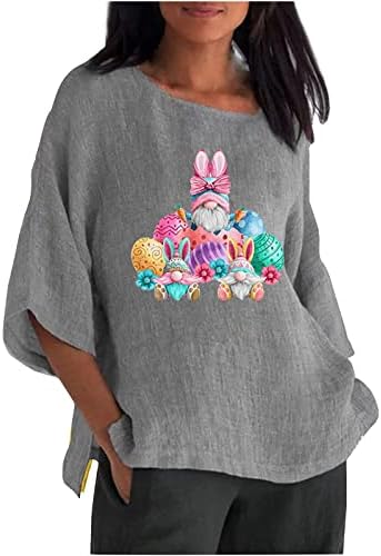 Camisa de linho de algodão da Páscoa para mulheres gnomos fofos camisetas gráficas soltas de manga curta de manga