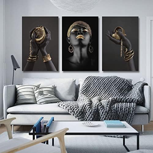 3 peças pinturas de lona preta e dourada Africano Hands On Canvas Wall Art Posters e impressões Picture