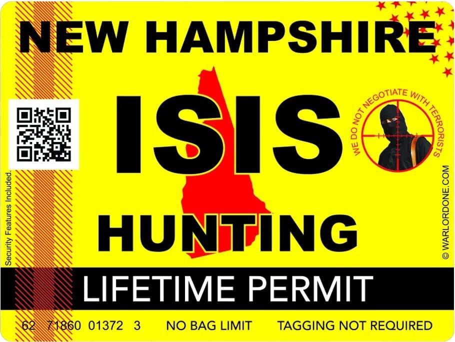 ISIS Terrorista New Hampshire Hunting Permissor Autocolador Auto Adesivo Vinil NH - C2975 - 6 polegadas ou 15