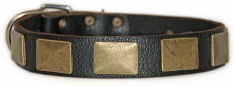 Dean e Tyler Brass Plate, colar de cachorro de couro com placas de latão vintage-preto-tamanho 22 polegadas por