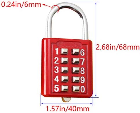 MROMAX Combinação de 10 dígitos Padlock, trava de botão vermelho, cadeado de bagagem de liga
