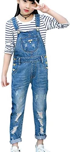LAVIQK 3-14 anos crianças meninas grandes macacões e macacões angustiados jeans de jeans azul jeans Long elichety