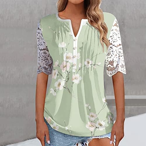 Tampas de renda floral para mulheres botão de verão para cima V Lace de pescoço de manga curta T camisetas
