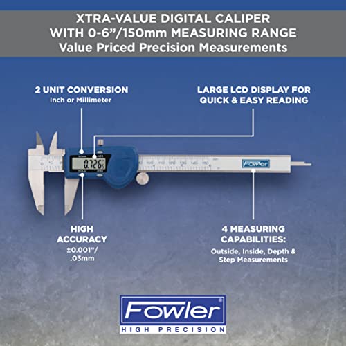 Fowler 54-101-150-2, calibre digital cal-valor xtra com faixa de medição de 0-6 /150mm e 52-520-199-0, base