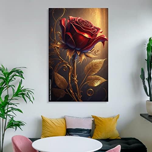 Poster Red Rose Flor Gold Background Bordal Floral Background Home Canvas Pintura Poster de arte de parede