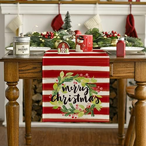 Modo Artóide Red Stripes Flor Wreath Feliz Natal Mesa de Natal Runner, Decoração sazonal de mesa de jantar de