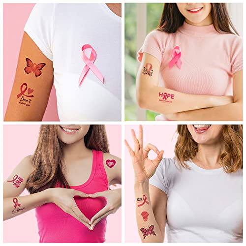 Tatuagens de fita rosa, tatuagem temporária de conscientização sobre câncer de mama, adesivo de tatuagem