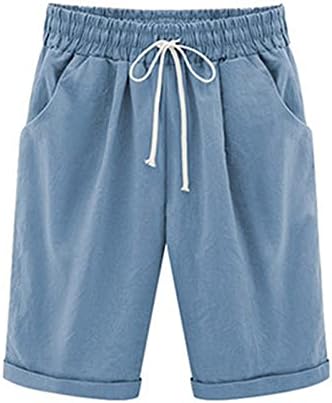 LMSXCT High Wistide Linen Bermuda shorts para mulheres bolsos soltos casuais cintura elástica de cordão confortável