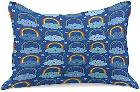 Ambesonne desenho animado malha de colcha de travesseiros, nuvens de arco -íris ao longo de estrelas sonhando