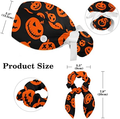 Capinha de trabalho com anéis de cabelo Bowknot para mulheres, Halloween Pumpkin Chapé Chapéus Cirúrgicos do Ponytail,