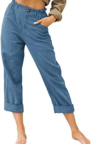 Calças Wocachi Capri para feminino, botão de linho sólido Canda elástica Rolda de calças de verão Corte