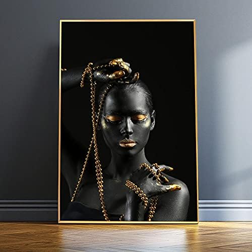 Arte Moderna Golden Make Up Mulher Negra Pintura de Pintura de Posters de Decoração de Parede e Impressões