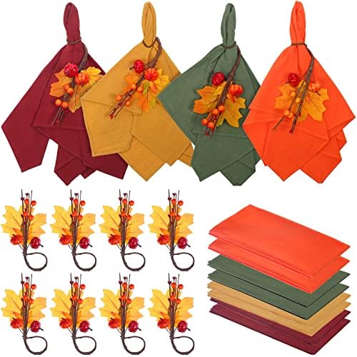 Remagr Conjunto de 8 guardanapos de pano de Ação de Graças de outono com anéis de guardana