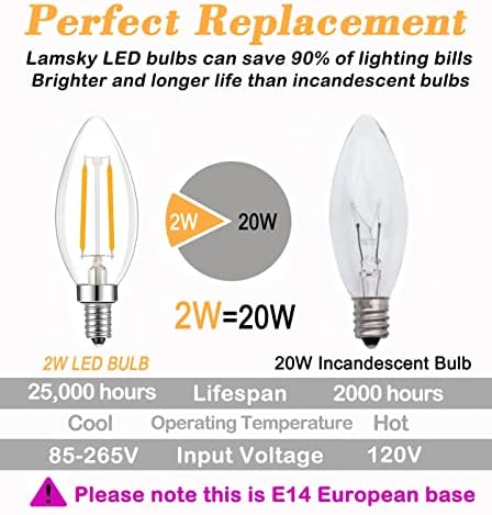 Lamsky E14 LED Bulbo 2700k quente 2W, equivalente à lâmpada incandescente E14 20W-25W, Limpa de base européia
