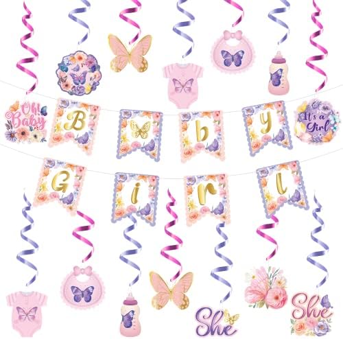 Japbor 21pcs Butterfly Baby Shower Soltening Swirls Decorações para meninas, Butterfly Floral Baby Girls