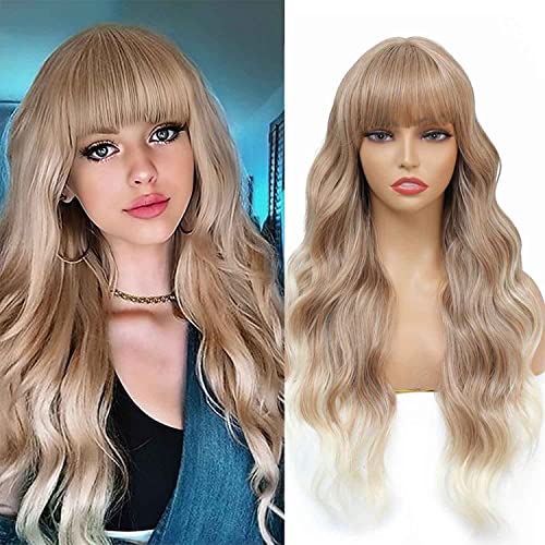Soku Balayage Wigs Blonde para mulheres peruca ondulada de 26 polegadas com destaque sintético da franja 613