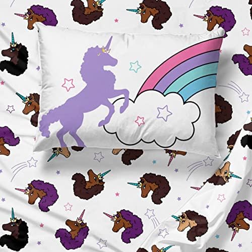 Afro Unicorn único, divino e mágico Conjunto de cama de tamanho duplo de 5 peças - Inclui consolador e lençol -